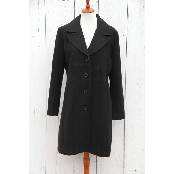 Kimi + Kai Joann Women's Black WOOL Blend Collared Long Button Up Coat Sz L - Picture 3 of 8